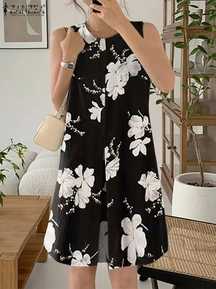 ZANZEA-Vestido feminino na altura do joelho, vestidos de praia, vestido de verão sem mangas, o-pescoço, bolso, feriado, regata, casual, solto, moda, verão