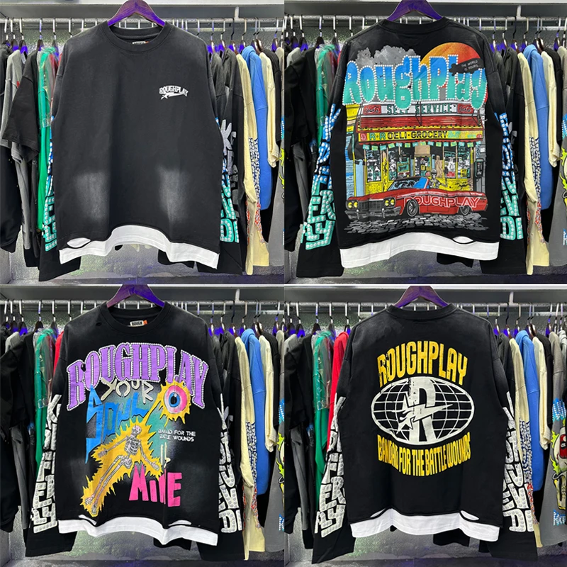 

Casual Spliced Print Rough Play T-shirts Washed Black Ripped Hole Tops Hip-hop Street Style ROUGHPLAY Long-sleeve T-shirt