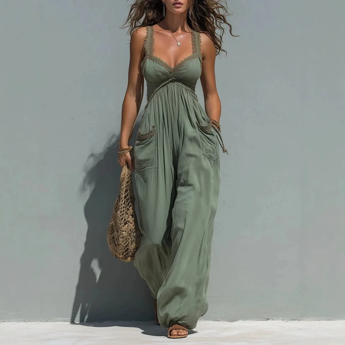 

Women's Sage Green Sleeveless V Neckline Jumpsuit High Waist Wide Leg Romper Smocked Waist Maxi Length Solid Color For Woman