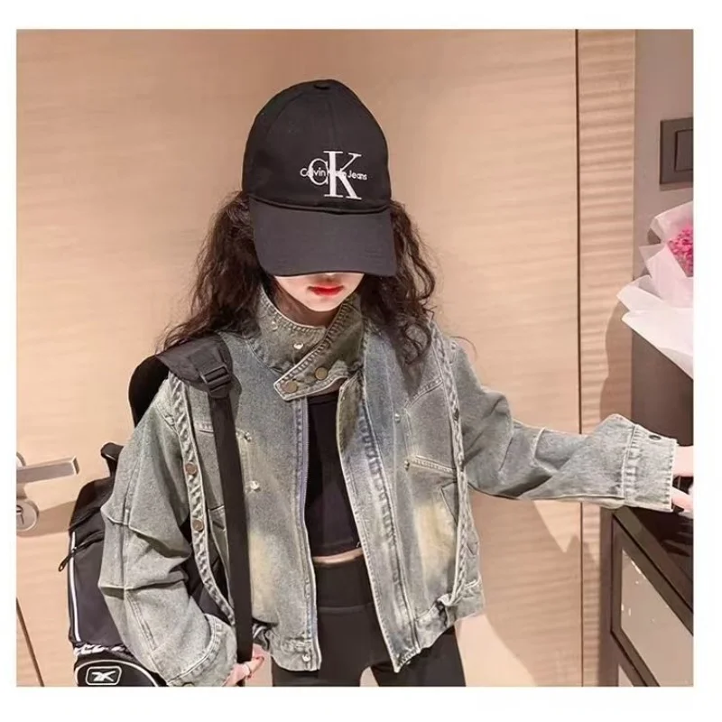 

Girls' Denim Jacket 2025 Autumn New Korean Version Children's Design Sense Fashionable Top Girls' Short Standing Collar Jac