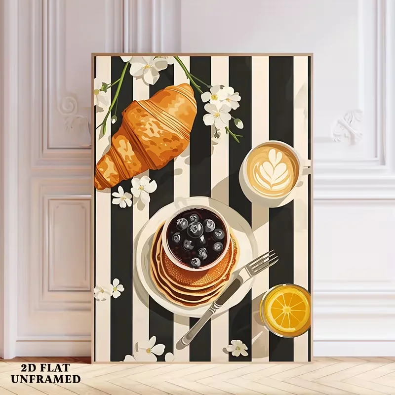 Breakfast Scene Poster, Croissant Pancakes Canvas Print, Vintage Wall Art, Modern Artwork Wall Painting, Suitable for Gift, H