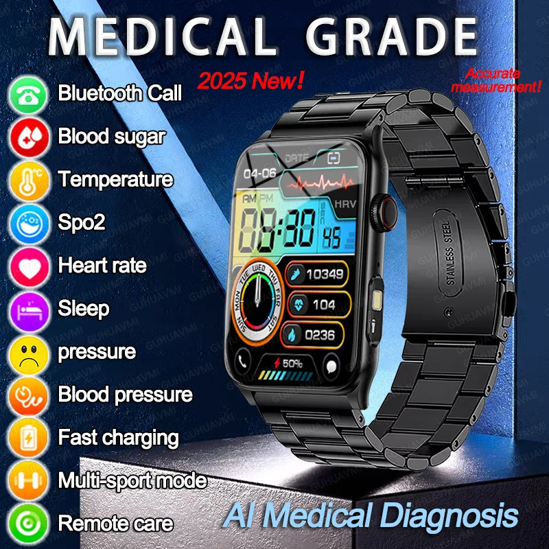 2026 nuevo AI diagnóstico médico hombres pulsera inteligente azúcar en sangre ECG + PPG ritmo cardíaco voz Bluetooth llamada salud Smartwatch mujeres