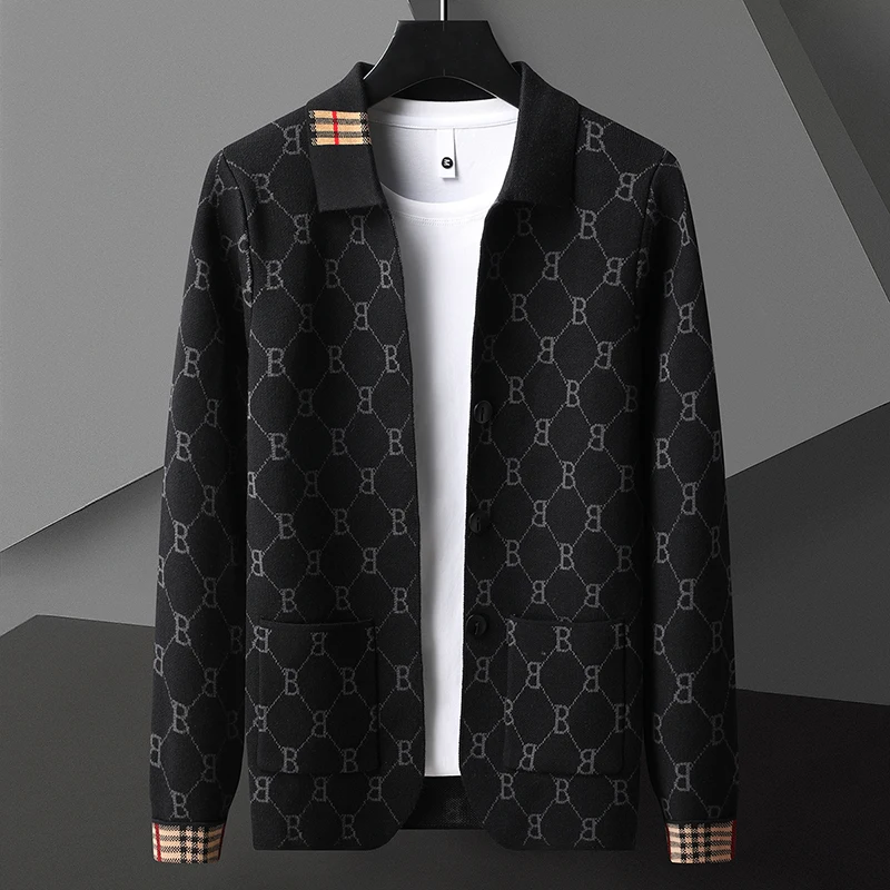 Designer Luxury Brand Men's Knitted Cardigan Lapel Embroidered Jacquard Soft Long Sleeved Sweater Coat Winter Fashion Men's Wear