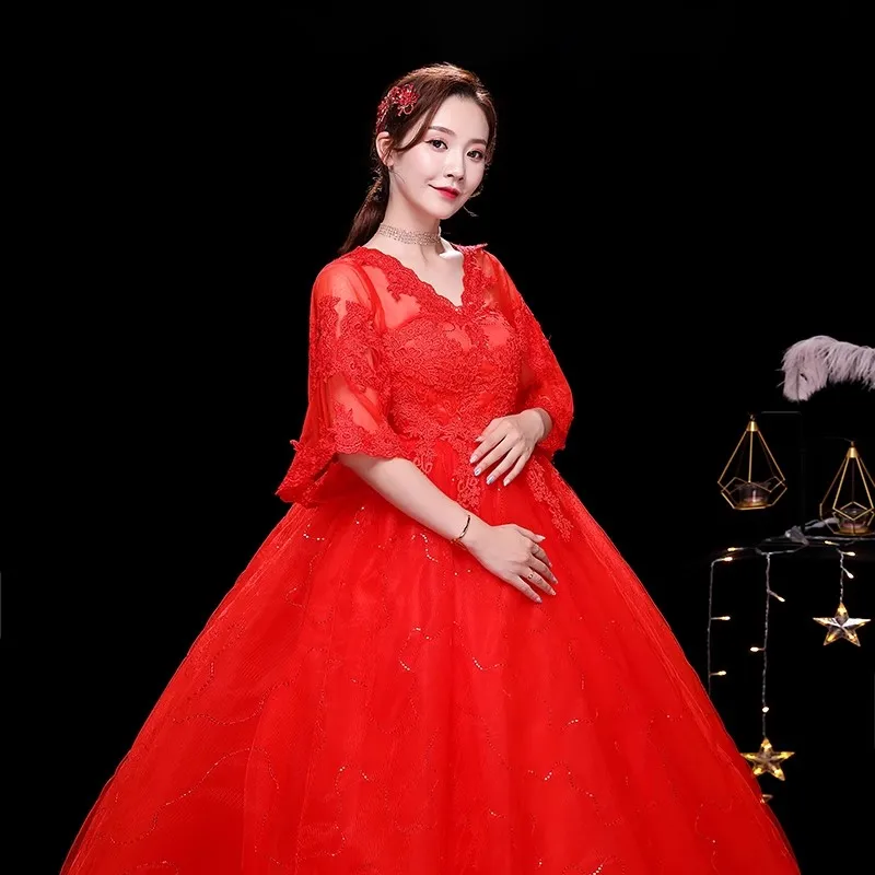 It's Yiiya Red Wedding Dress Embroidery V-neck Half Sleeves Lace up Princess Floor-length Pregnant Woman Bride Ball Gowns XN004