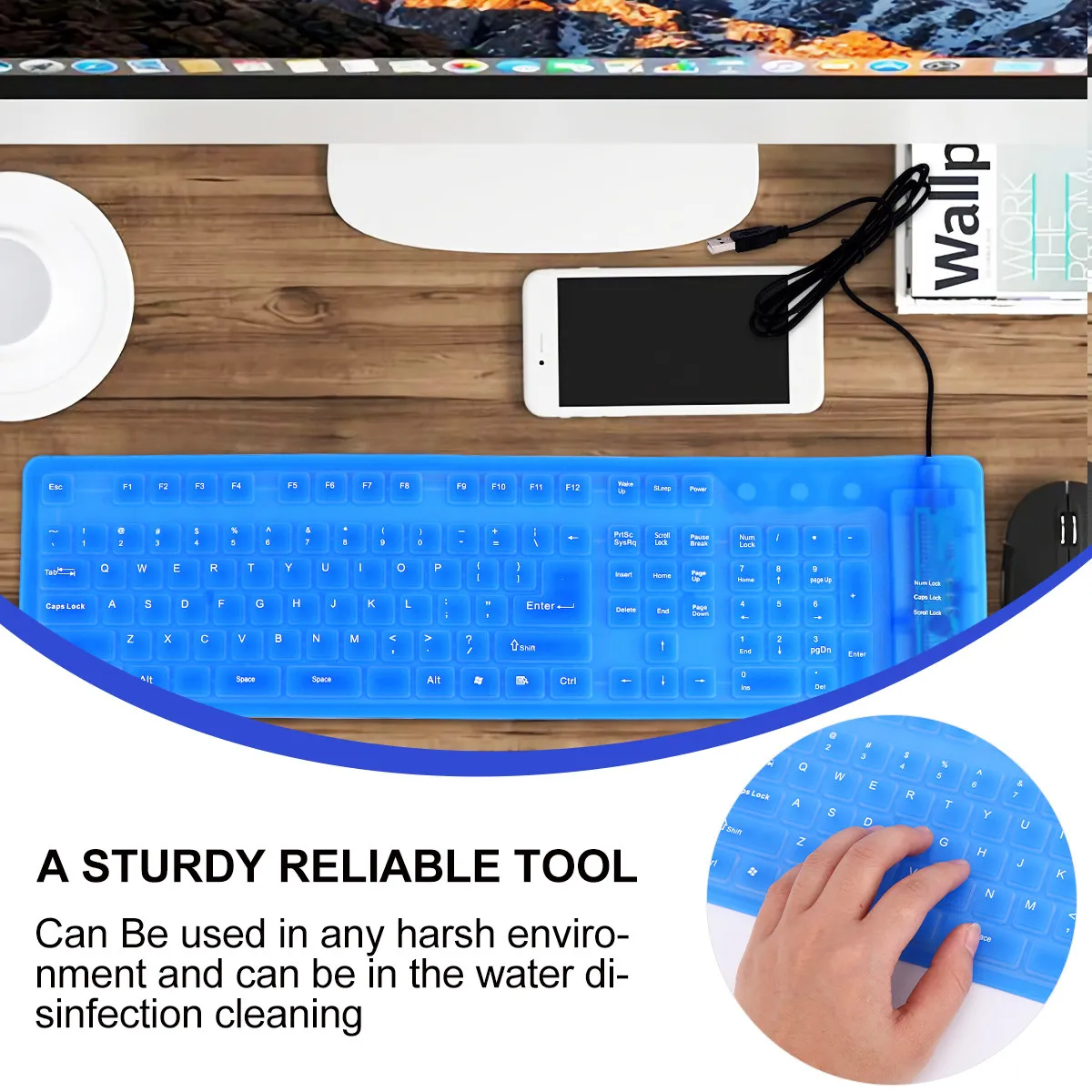 Roll Up Keyboard Computer 109 Keys Waterproof Dustproof Silent USB Wired Flexible Silicone Foldable External Washable Keyboard