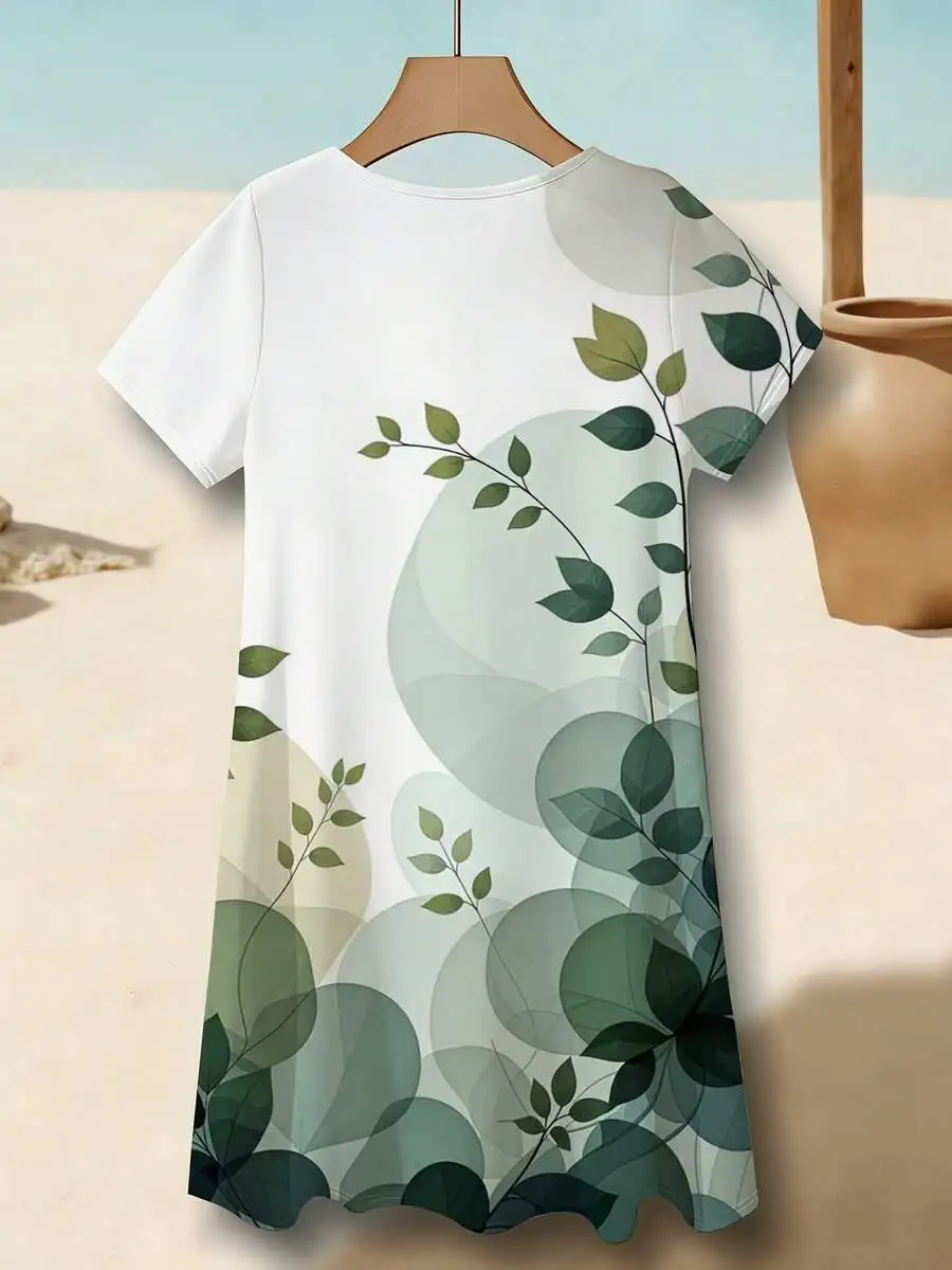 

Womens Casual Green Leaf And Circle Print Short Sleeve Crew Neck Dress For Leisure