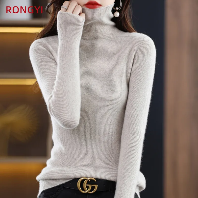 RONGYI 100% Pure Wool Women's Turtleneck One-Line Ready-to-Wear Pullover Cashmere Knit Sweater Autumn and Winter Solid Top J2203