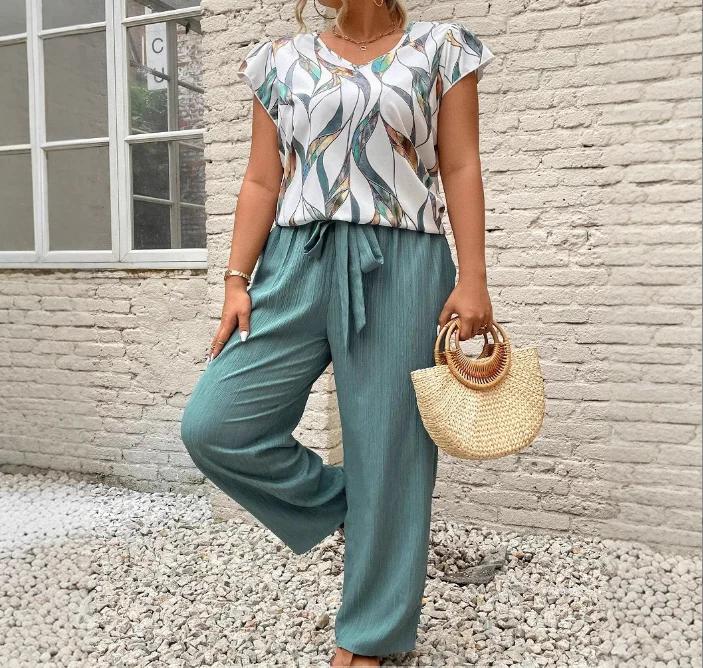 

Women's Two-Piece Set Spring Summer Large Casual and Comfortable Straight Leg Pants Set Simple Commuting Retro Two-Piece Set