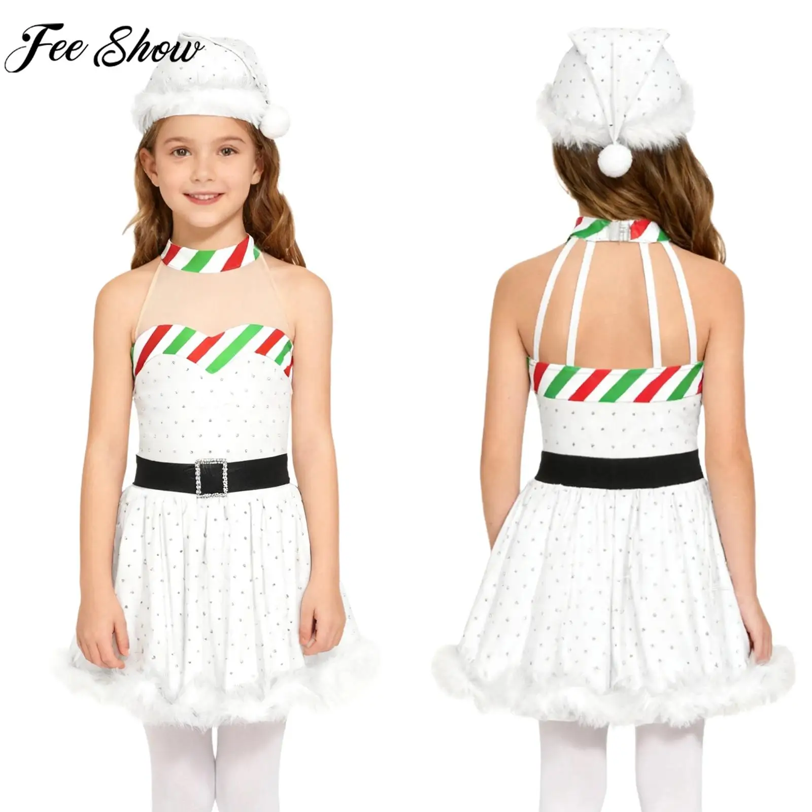 Children Girls Christmas Santa Claus Elf Snowman Cosplay Dress Shiny Rhinestones Ballet Dance Skating Leotard Tutu with Xmas Hat