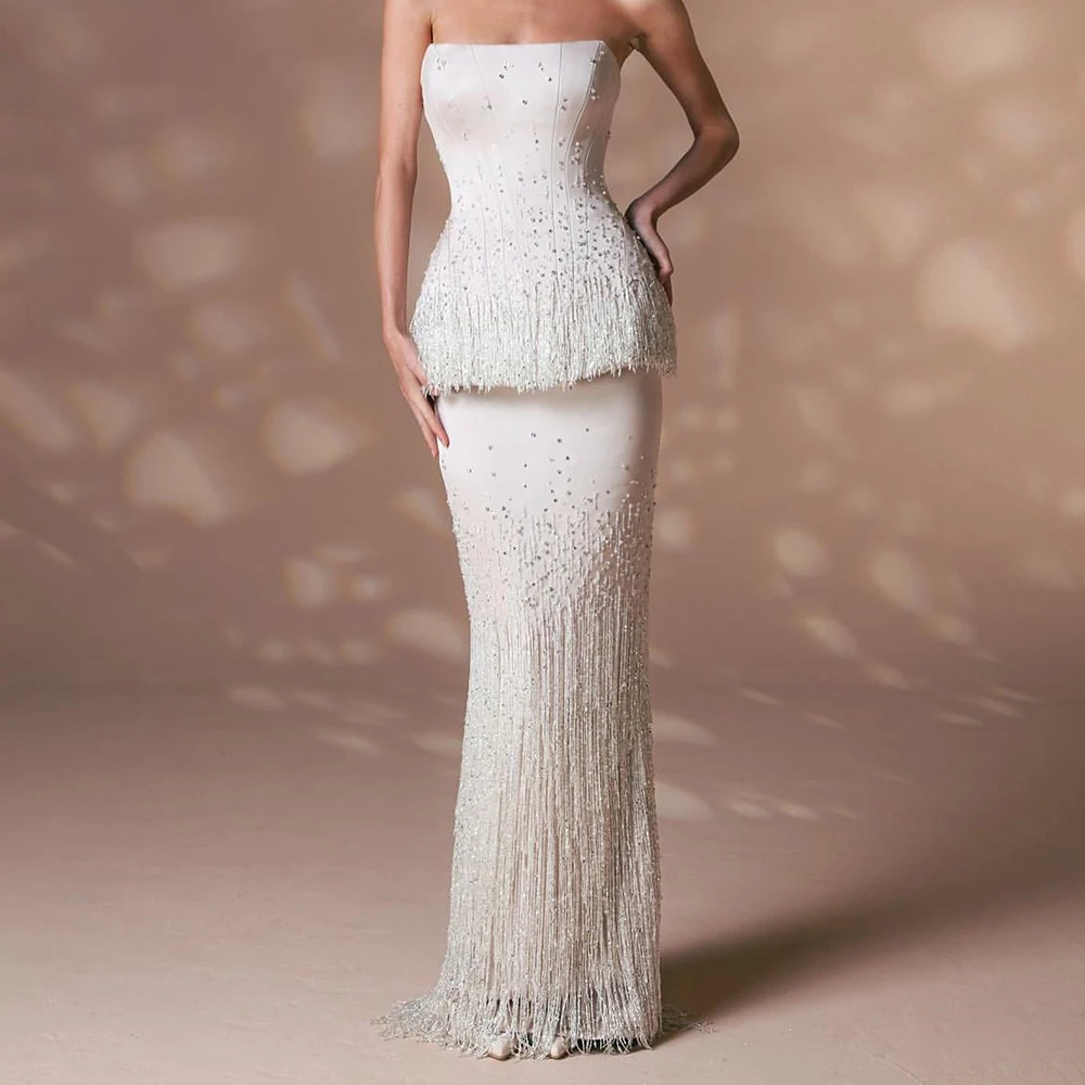 Customized Jersey Mermaid Tassel and Crystal Evening Dress Strapless Back Slit Lace Up Back Sleeveless Floor Length Sweep Train