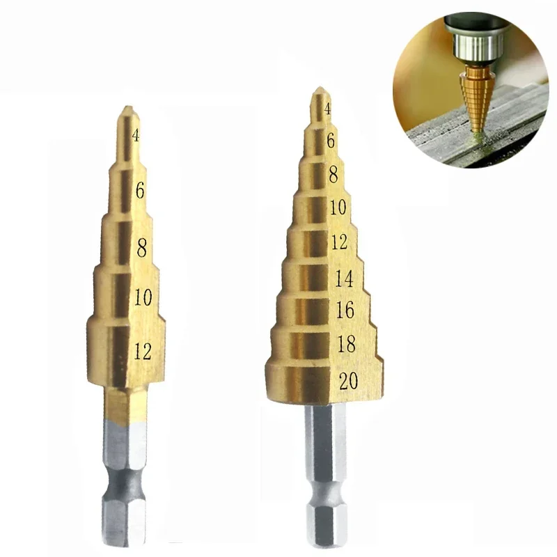 4-12/4-20mm Titanium Coated Step Drill Bit High Speed Steel Metal Wood Hole Cutter Cone Drilling Hand Tools for Woodworking