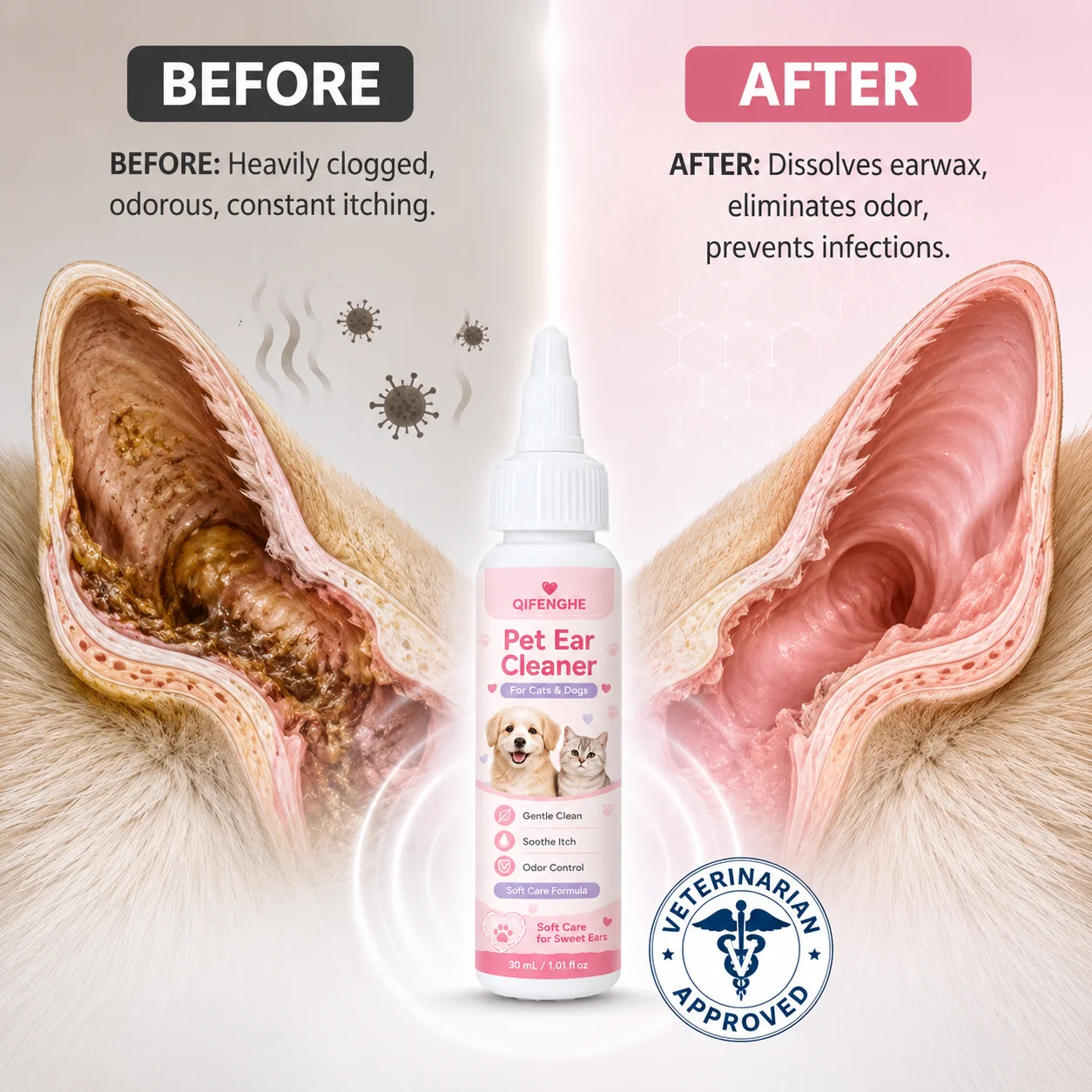 Dog Ear Cleaner Cat Ear Cleaner 30ml Gentle Pet Ear Wash Wax Removal Itch Relief Odor Control Cleaning Drops for Daily Care