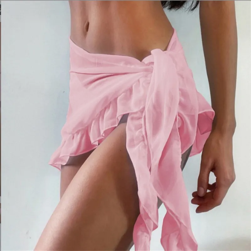 Summer Short Skirt European American Chiffon Pure Color Seaside Vacation Sunscreen Bikini Ear Edge Beach Skirt Women Pink