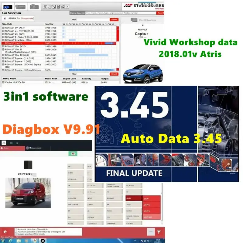 

2025 НОВЫЕ автоматические данные 3,45 + Diagbox V9.91 + Vivid Workshop Data Atris Stakis 2018.01V Программное обеспечение для диагностических инструментов 3 в 1