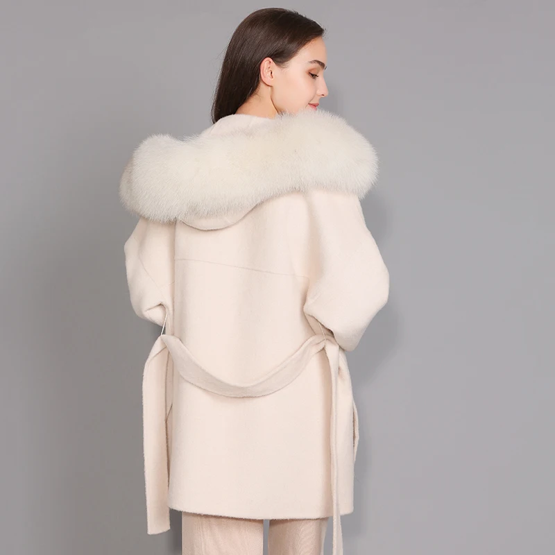 2024 Real Fur Coat Hood Winter Jacket Women 100% Natural Fox Fur Collar Cuffs Cashmere Wool Blend Oversize Outerwear New Loose