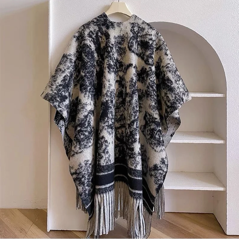 Fashion Elegant Black Jacquard Imitate Cashmere Shawl Autumn Winter Women Wool Cape Long Scarf Wraps