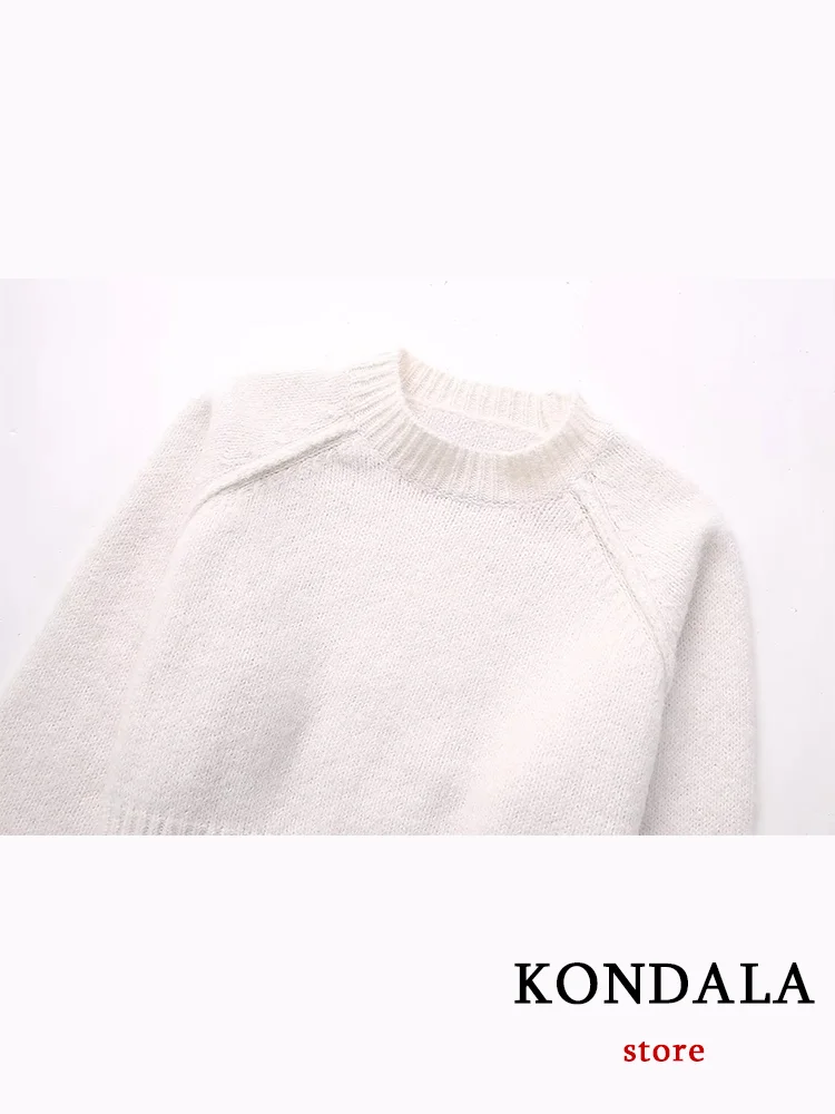 KONDALA Vintage Casual Women Sweater Solid O-Neck Long Raglan Sleeve Loose Short Sweater Fashion 2023 Autumn Winter Warm Tops