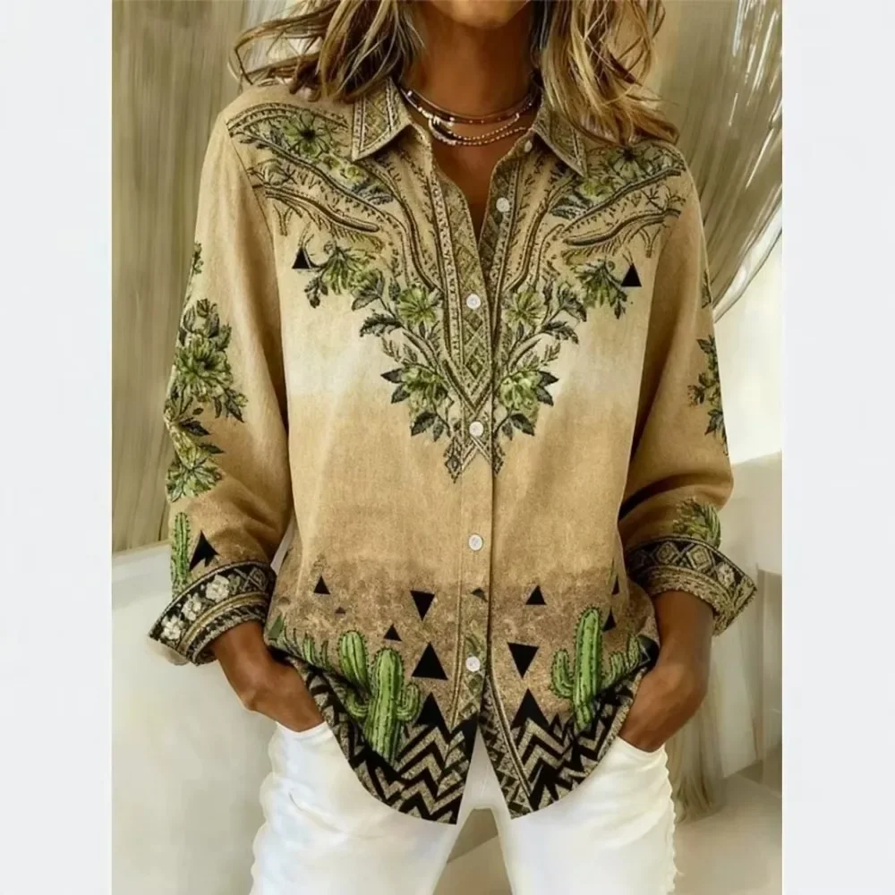 Women Floral Print Ombre Gradient Button Down Shirt Long Sleeve Loose Fit Casual Blouse Spring Fall Daily Top
