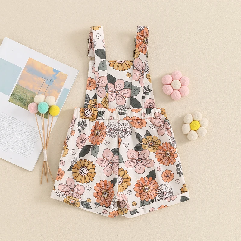 0-6Y Kids Girls Overalls Strawberry/Flower Print Sleeveless Pockets Short Jumpsuits Children Casual Baby Summer Romper