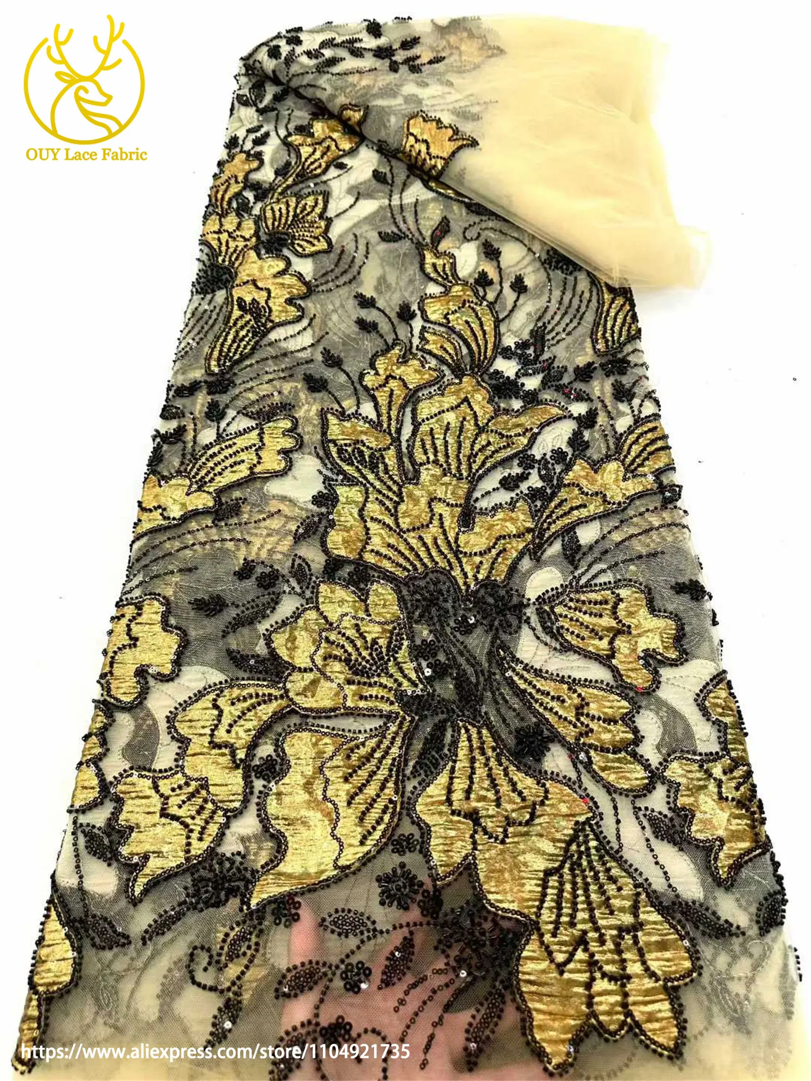 Afrikanischer Jacquard-Perlenstickerei-Spitzenstoff 2026 Französischer Tüll-Pailletten-Spitzenstoff für Damen-Hochzeitskleider Nähmaterial – Detail 5