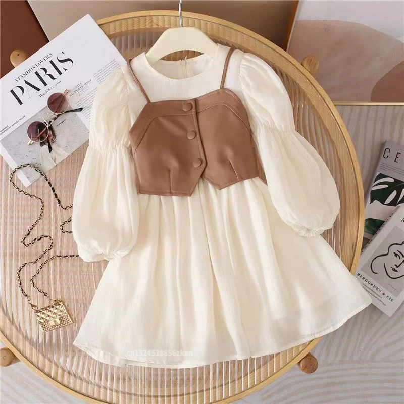 

Spring Autumn Baby Suits Girl Vest + Long Sleeve Dresses 2Piece Kids Cute Princess Dress Children Chiffon Vestido 2 To10t