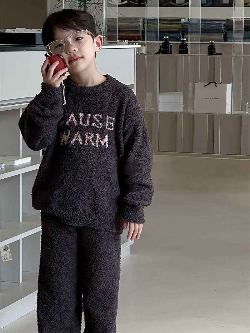 

Boys Warm Pajamas Two-piece Set 2023 New Winter Korean Style Solid Color Kids Pajamas Plush Warm Comfortable