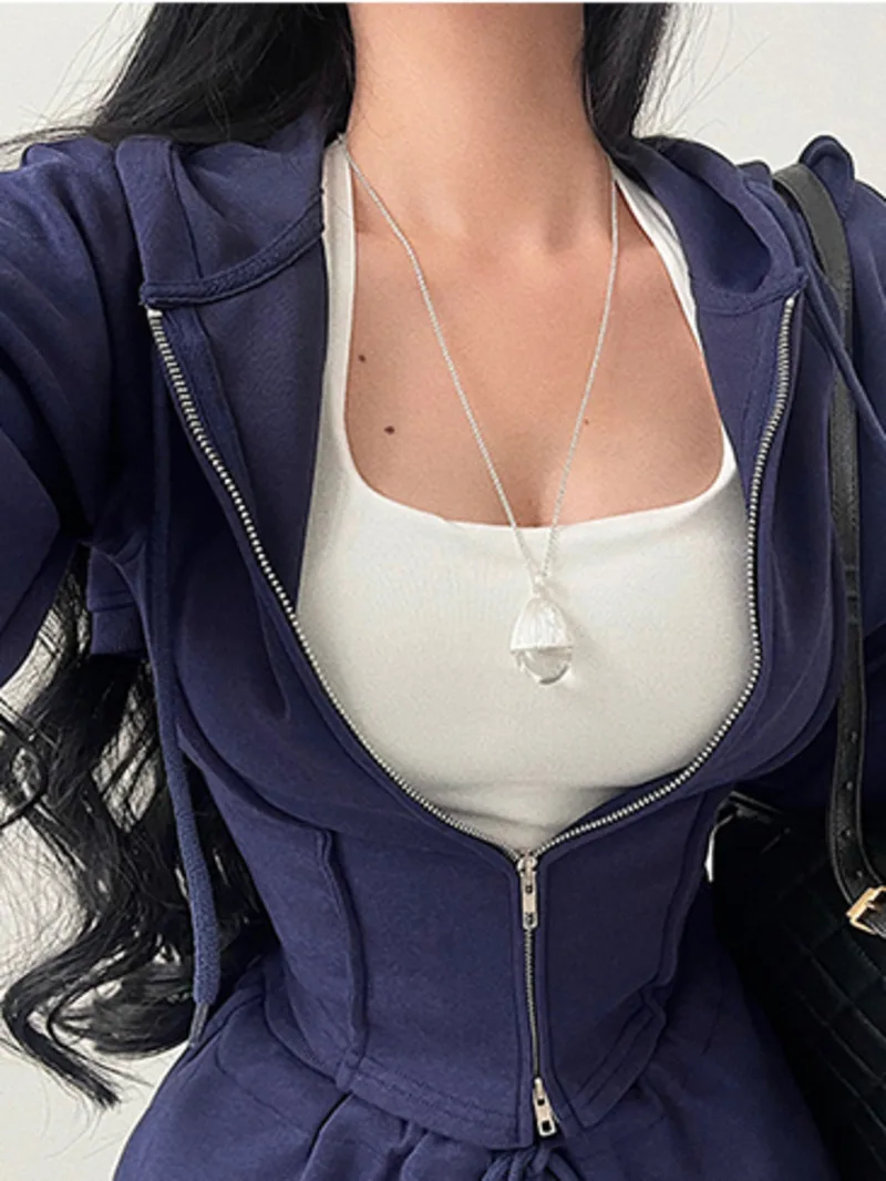

2024 Autumn/winter New Long Sleeve Hooded Zipper Cardigan Coat Women Cinching Waist Slim Solid Color Casual Short Top BGUZ