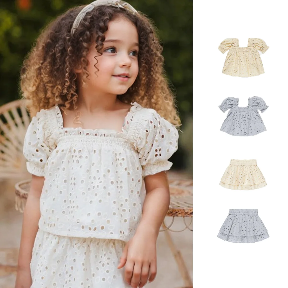 

Комплект для девочек: рубашка и юбка, лето 2026, новинка, детская одежда для девочек, топ с короткими рукавами и юбка с рукавами-фонариками, ажурная юбка, детская одежда