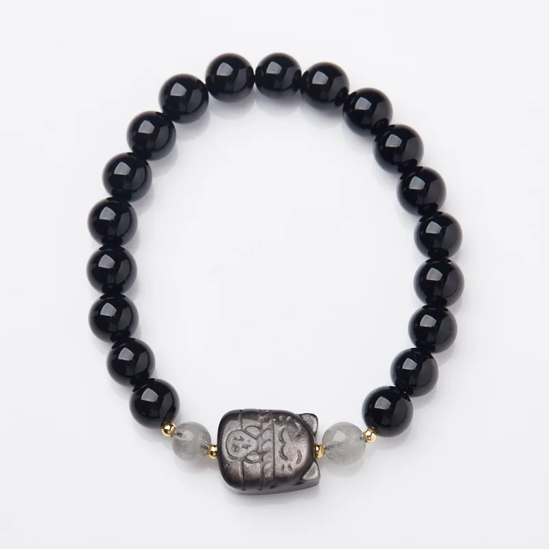 

Natural Black Agate Obsidian Cat Crystal Good Luck Bracelet Silver Obsidian Cute Cat Bracelet for Bestie Gifts