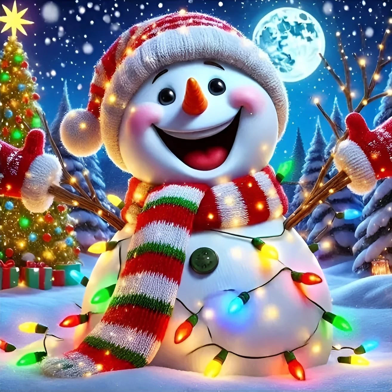 DIY Christmas Snowman Diamond Painting, Smiling Snowman Colorful Lights Winter Forest For Living Room Home Wall Decoration Gift