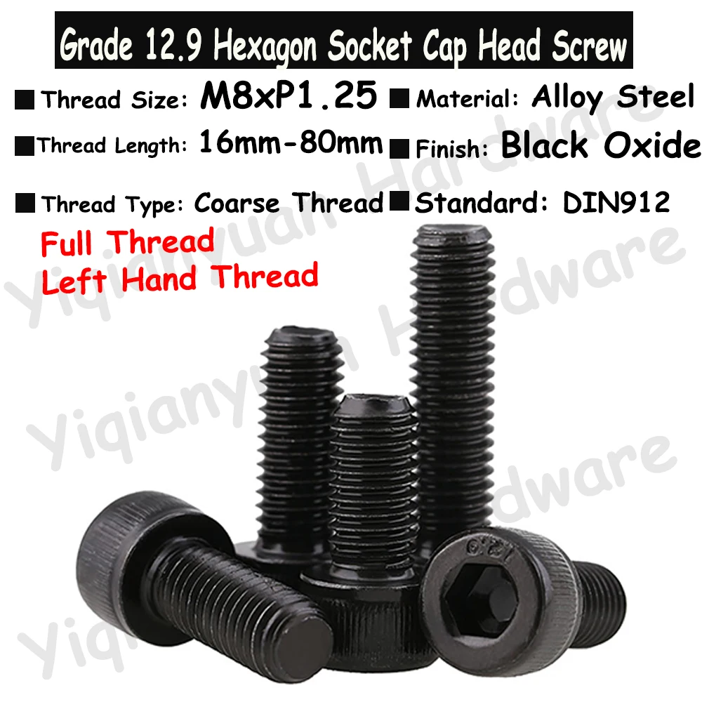 

Yiqianyuan M8xP1.25 Left Thread DIN912 Grade 12.9 Alloy Steel Hex Socket Knurled Cap Head Screw Allen Key Bolt Full Threaded