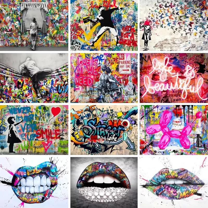 Banksy Street Canvas Paintings Sneakers Mouth Ballon Girl Graffiti Pop Posters and Prints Cuadros Wall Art Home Decoration