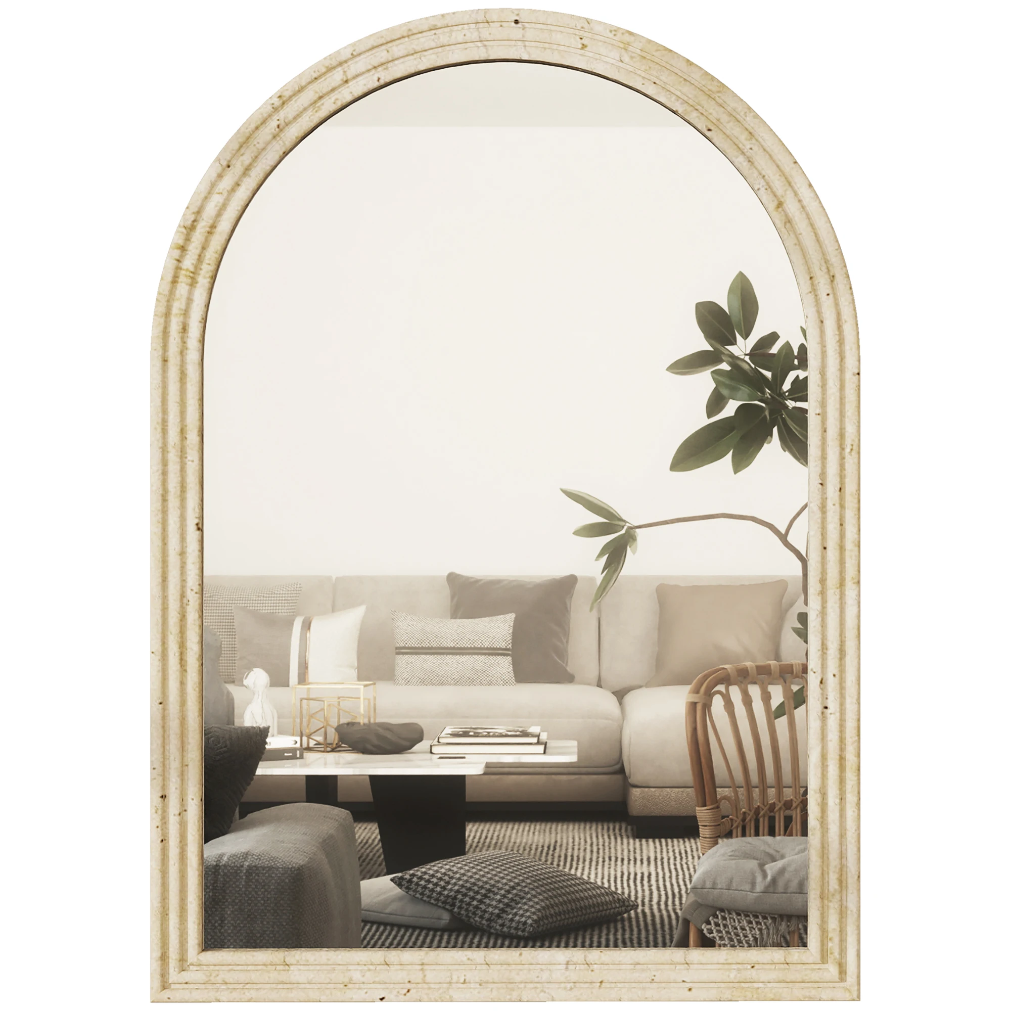 Homcom Miroir mural arqué, miroir de salle de bain 50 x 70 cm avec cadre imitation pierre à 3 niveaux, style moderne, pour salon, chambre à coucher, entrée et couloir, beige