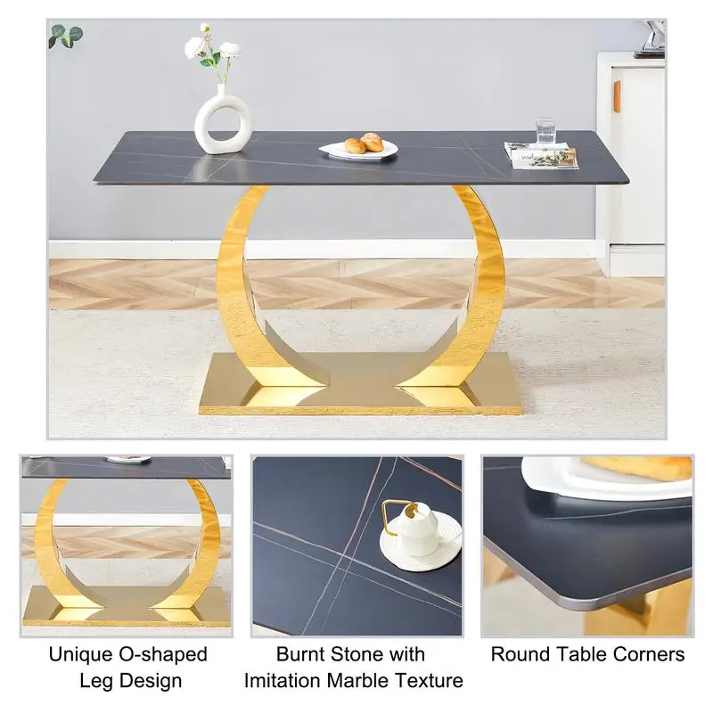 طقم طاولة طعام من الحجر الملبد مع 6 كراسي فريدة من نوعها، بلوزة سوداء بأرجل معدنية ذهبية، 63 بوصة × 31.5