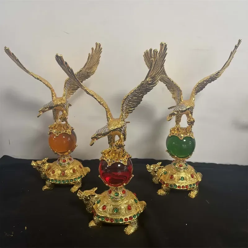 Chinese Antique Turtle Sapphire Jade Golden Eagle Green Blue Red Ball Metal Ornament Craft Collection Decorative Gifts