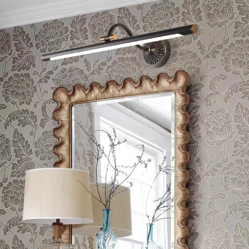 Full copper mirror headlight American bathroom led retro simple black bathroom mirror cabinet light Nordic wash