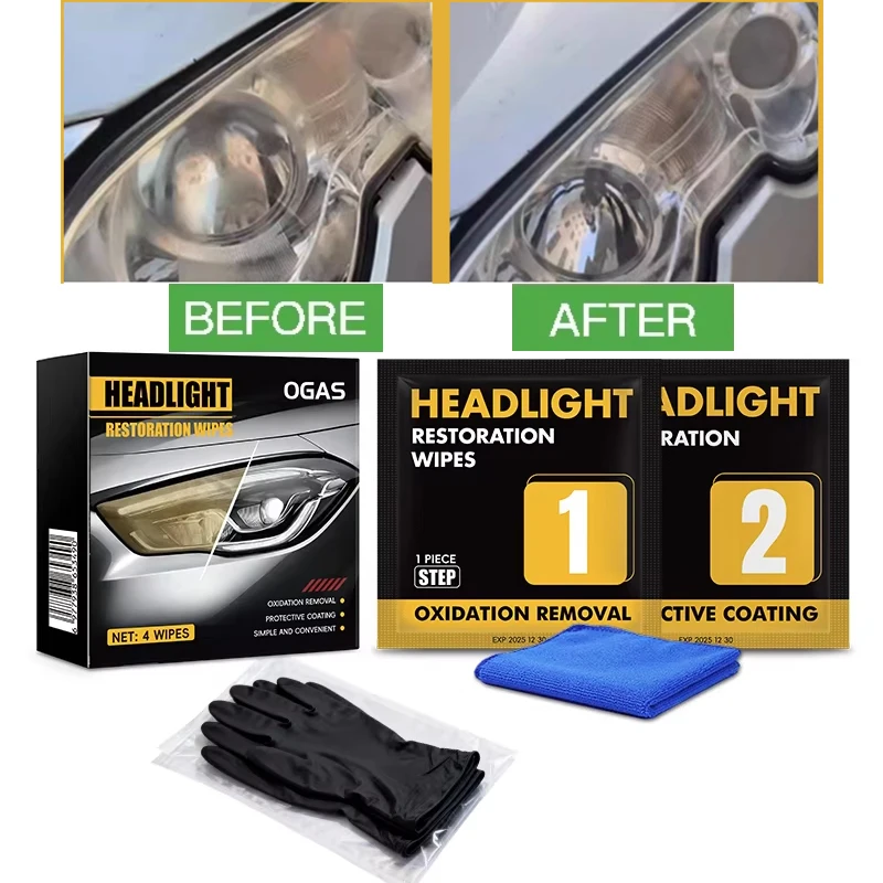 OGAS Headlight Renovation Wet Wipe Set, Yellowed and Aged Headlight Lens, No-Sanding Cleaning, Crystal Coating Protection and Re