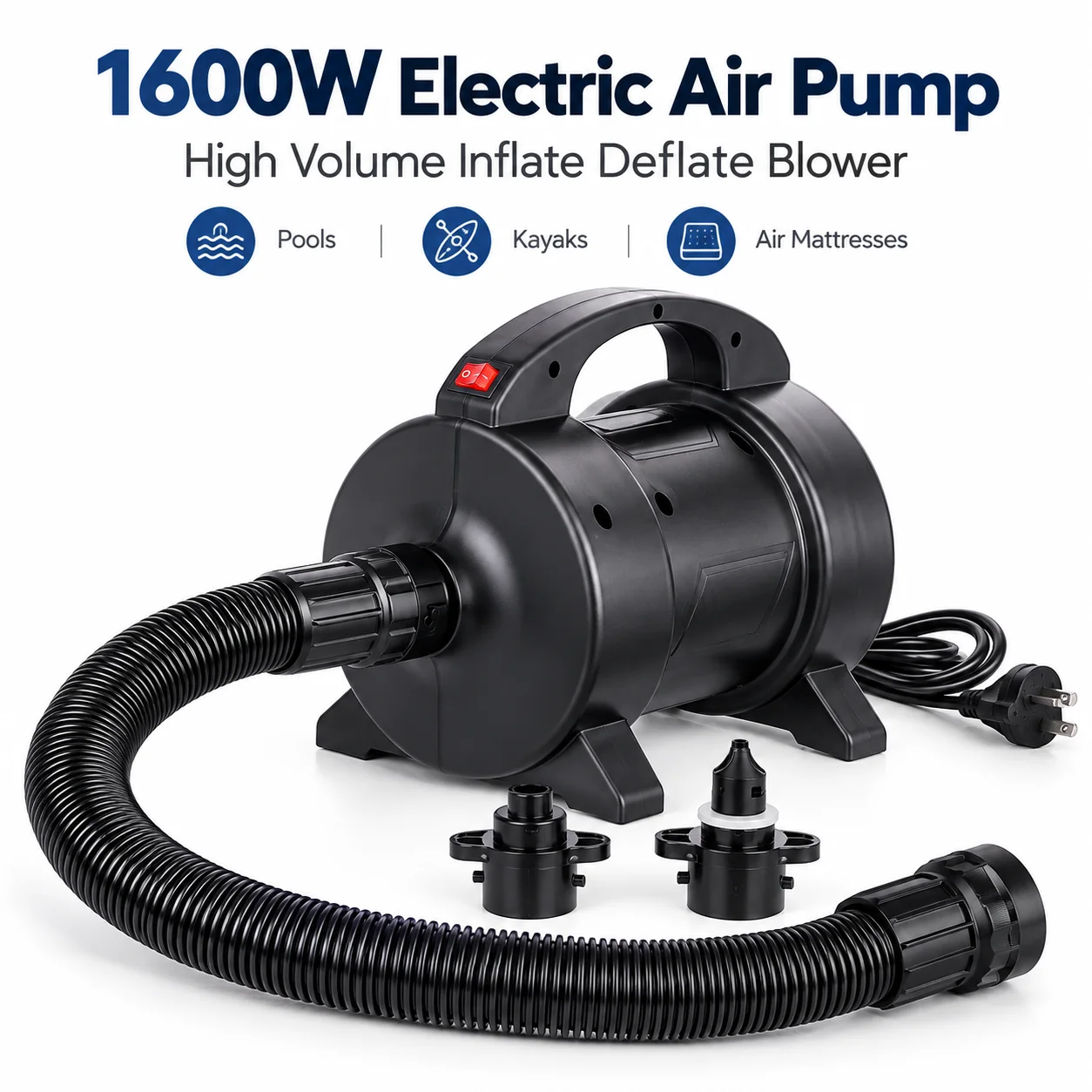 AOLIVIYA 1600W Electric Air Pump High Volume Inflator Deflator Blower 4 PSI For Inflatable Pool Kayak Tent Air Mattress