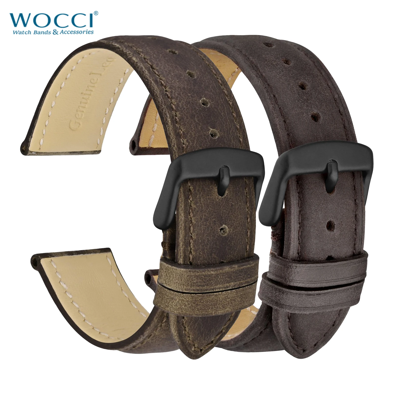 WOCCI Crazy Horse Leather Watch Straps 18mm 19mm 20mm 22mm 23mm 24mm Watchbands Available in Unisex Replacement Belt