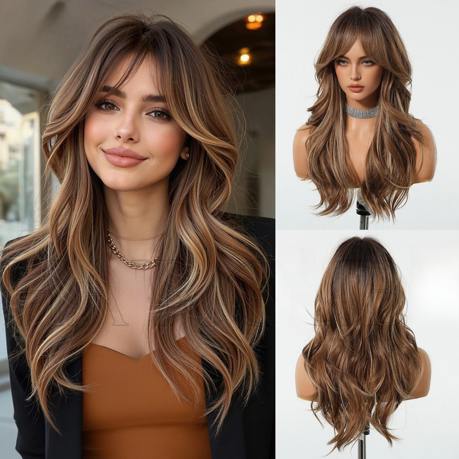 

Коричневые волнистые парики для женщин с челкой, длинные, из натурального синтетического волоса, для повседневного использования и косплея, термостойкие