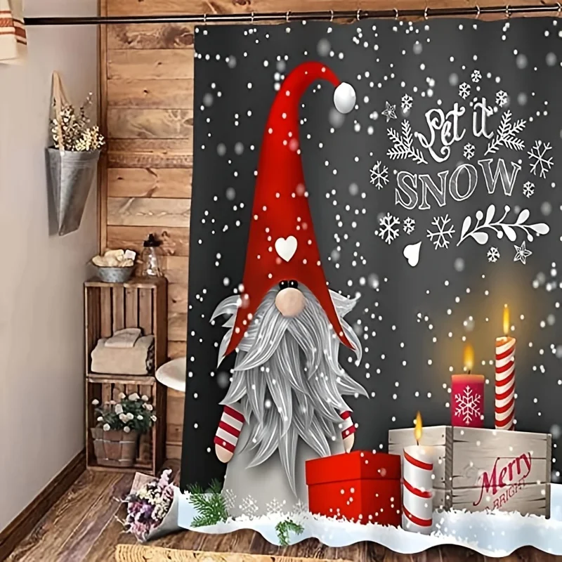 1pc Gray Background Elf Bathroom , Cute Snowflake Pattern Shower Curtain, Winter Christmas Holiday Bathr