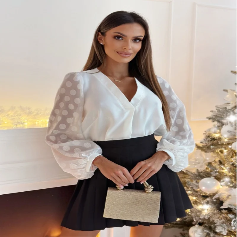 Dames Blouses Fashion Splicing Lange Mouwen Kanten Single Breasted Solid V-Hals Vrouwen Shirt 2024 Lente Minimalistische Stijl Blouse