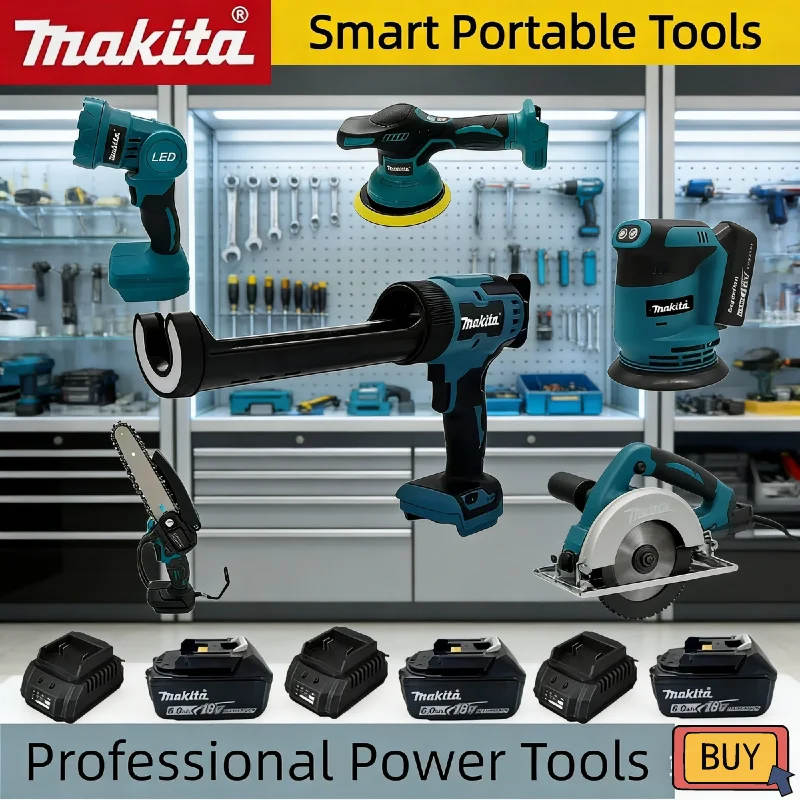 

Многофункциональные аккумуляторные инструменты Makita 18В: полировальная машина, воздуходувка, электрический пистолет для герметика, рабочий фонарь и электрическая сабельная пила