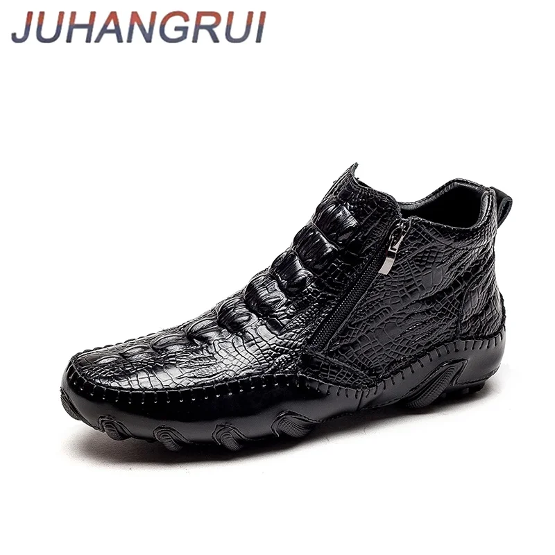 

Men's Stylish High-Top Casual Shoes, Crocodile Embossed Cowhide Leather, Easy-Use Metal Zipper, Durable&Fashionable for Leisure
