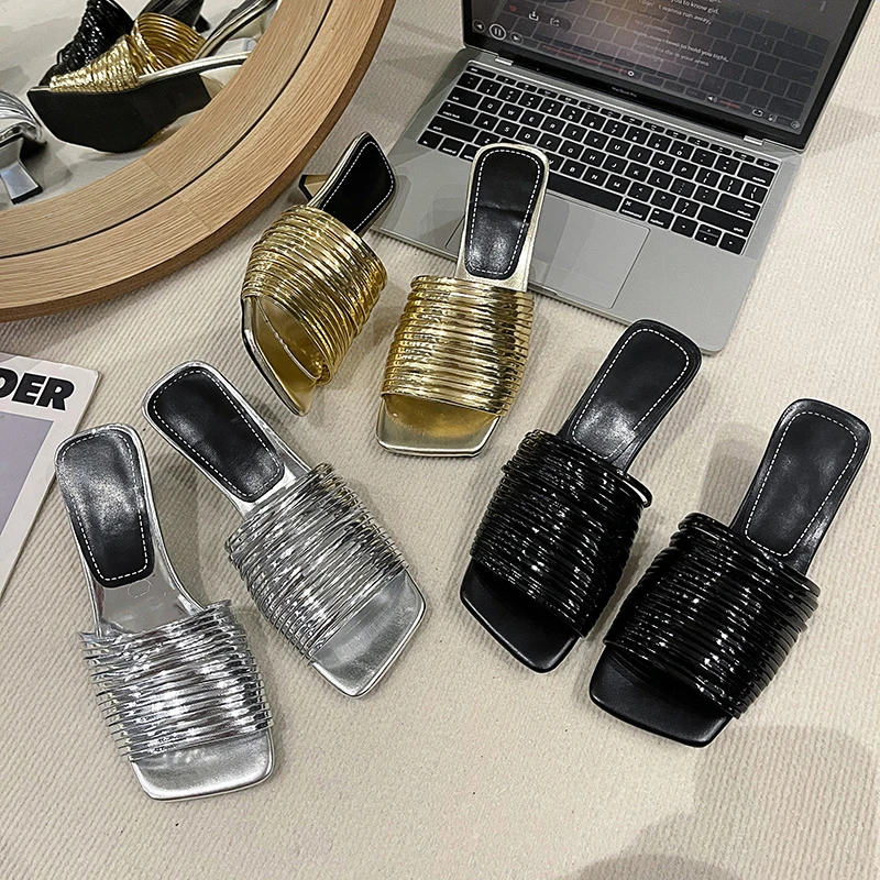 Sexy Lady Women Stripe Noodles Shaped Design Square Open Toe Stiletto Low Heels Slippers Shoes Woman Feast Casual Slippers Shoes - view 6
