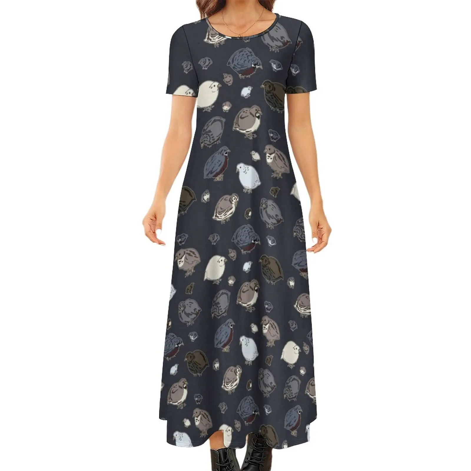 

Button Quail Pattern Round Neck Short Sleeve Dress evening dresses women sexy dress for women dress