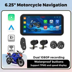 6.25 inch Wireless Carplay Android Auto Motorcycle Portable GPS Navigation Front and rear dual cameras Moto IP67 Waterproof WiFi