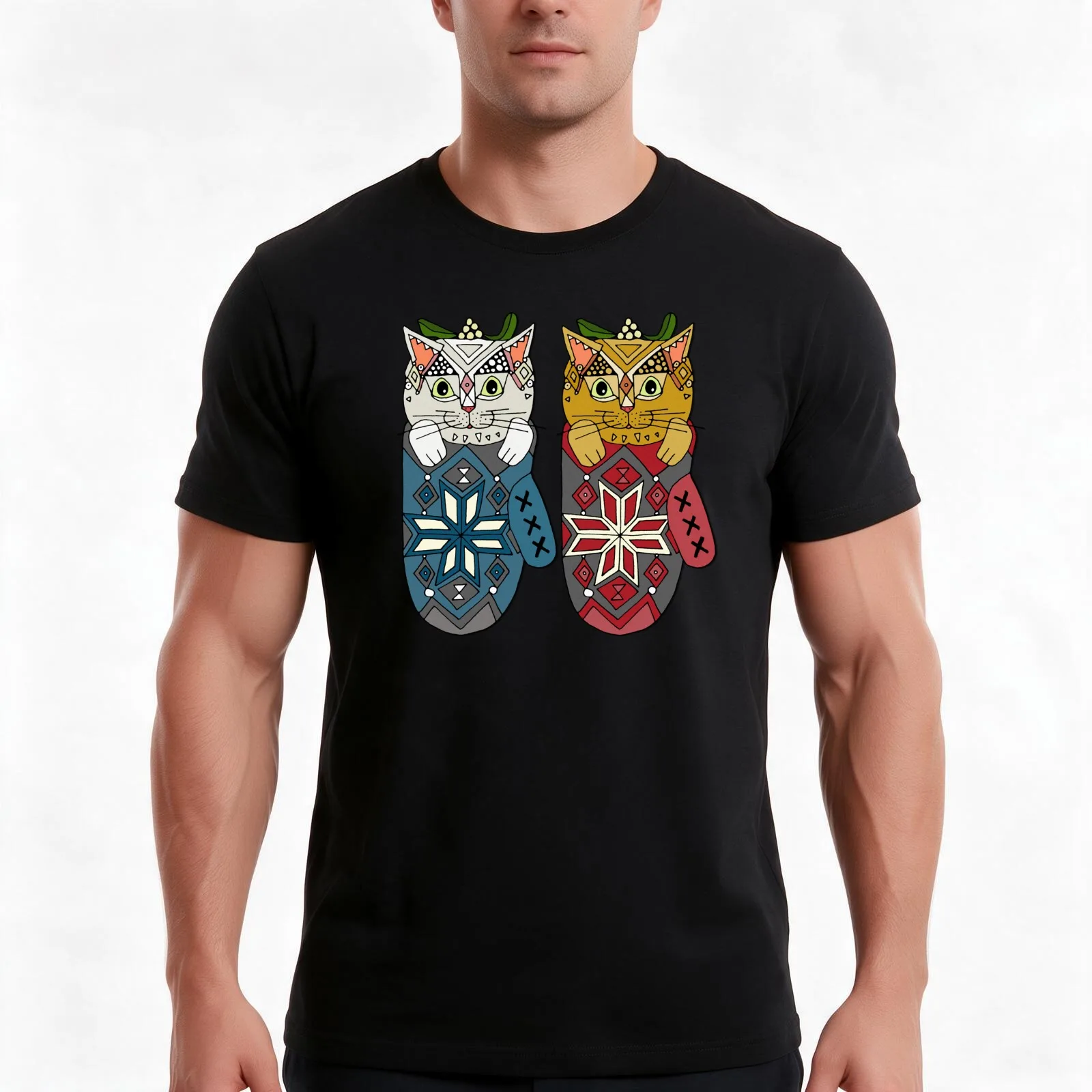 mistletoe kitten mittens T-Shirt Summer Casual Cotton Tee Oversized Streetwear Tops Vintage Graphic Print Unisex Men Women