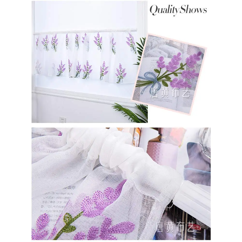 Household Lavender Embroidery Short Curtain Pastoral Shade Kitchen Curtains Half Curtain Short Panel Drapes Valance 50*100cm