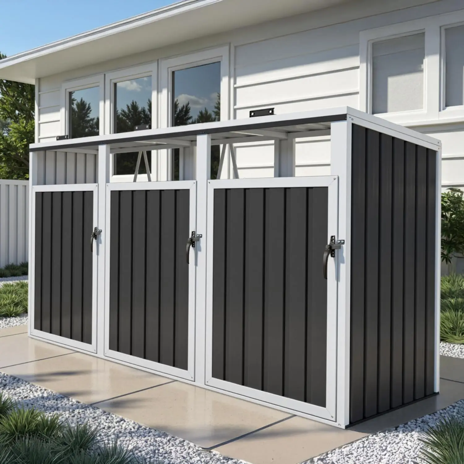 

7.3' x 2.7' Metal Storage Shed Outdoor, Waterproof Garbage Can Enclosure for Three 50-Gallon Cans